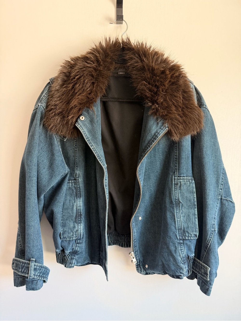 Zara Denim Jacket with Faux Fur Collar - Blue and Brown